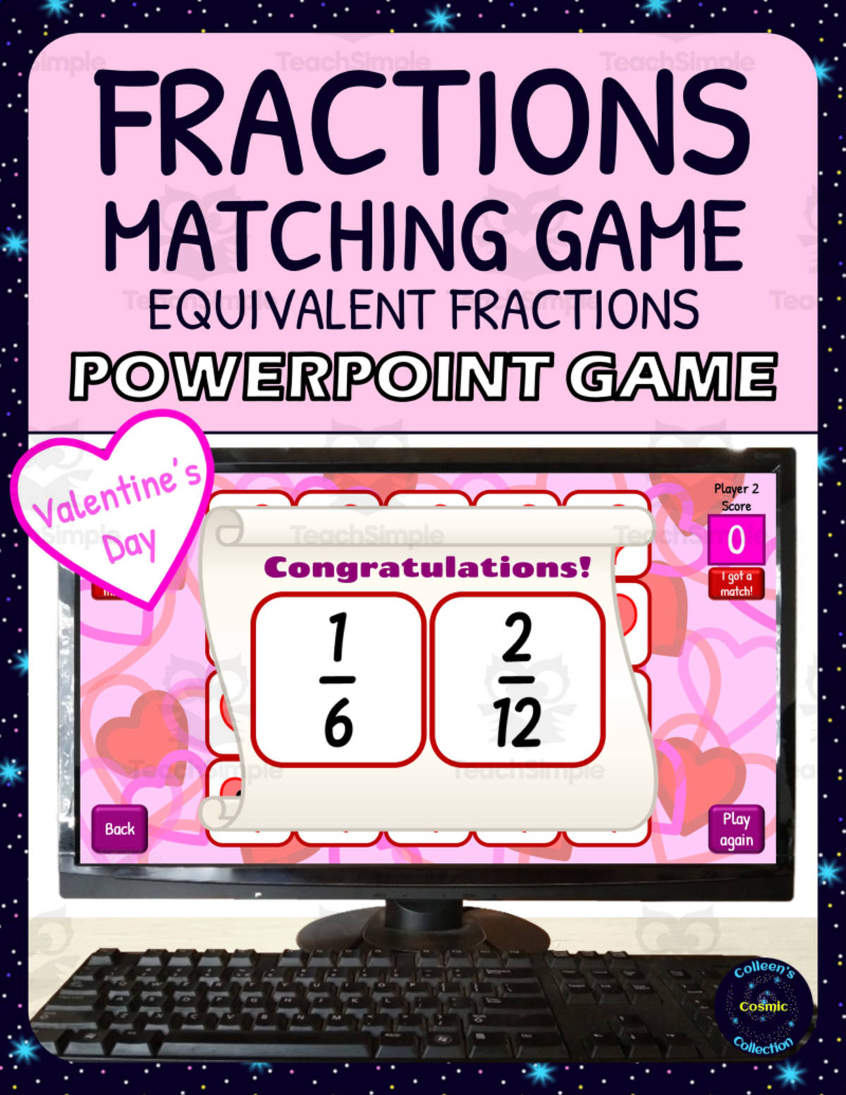 An educational teaching resource from Colleen's Cosmic Collection entitled Valentines Day Equivalent Fractions Matching Game Activity - Digital - Fraction Symbols downloadable at Teach Simple.