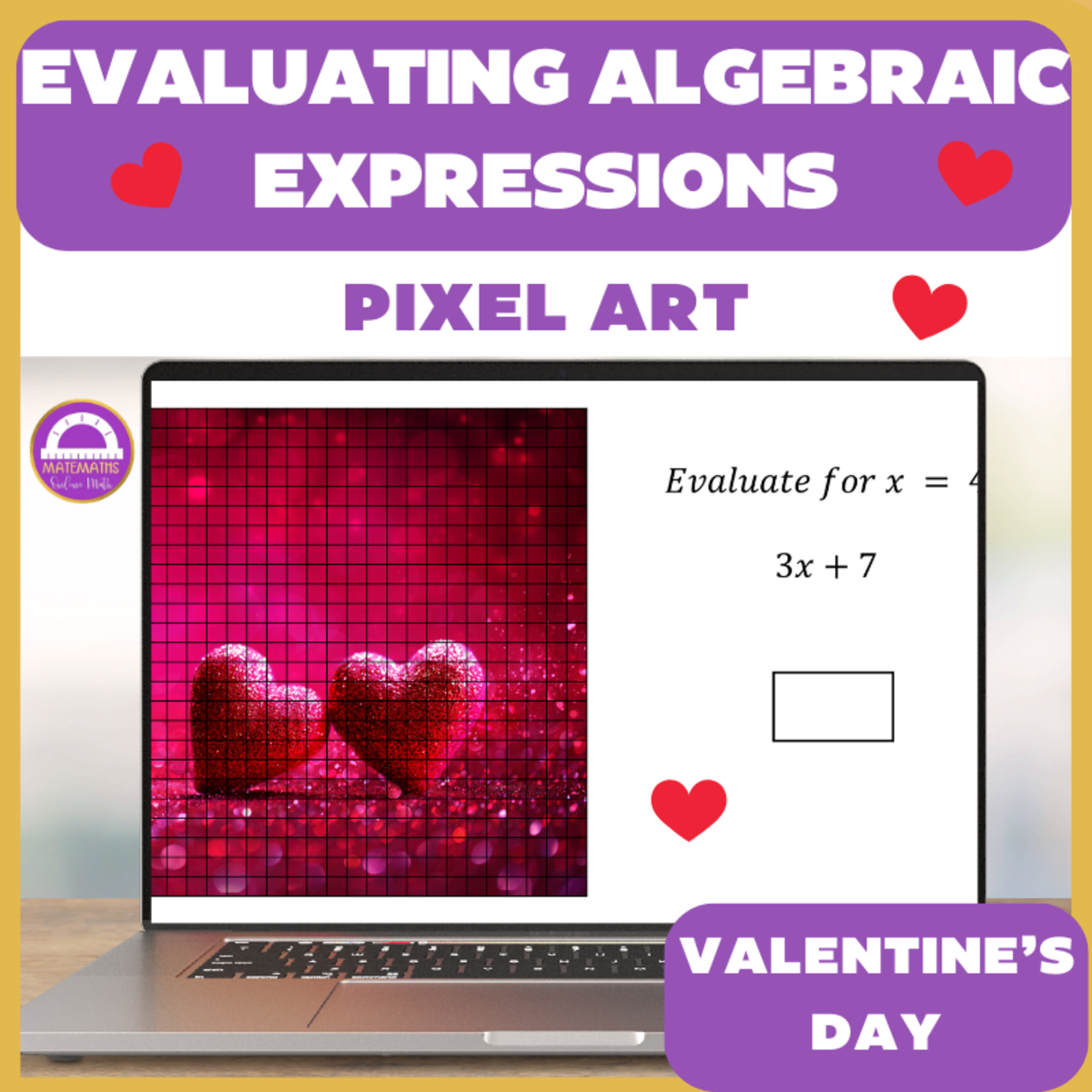 An educational teaching resource from Matemaths entitled Valentine's Day Evaluating Algebraic Expressions Pixel Art downloadable at Teach Simple.