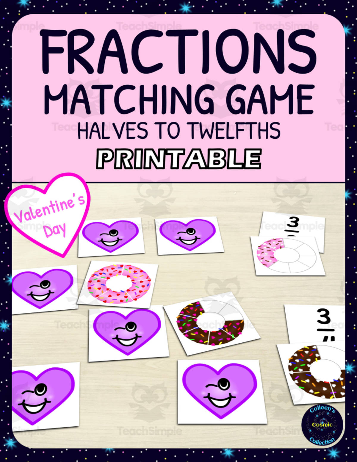 An educational teaching resource from Colleen's Cosmic Collection entitled Valentines Day Fractions Matching Game Activity - 1/2s to 1/12s - Printable downloadable at Teach Simple.