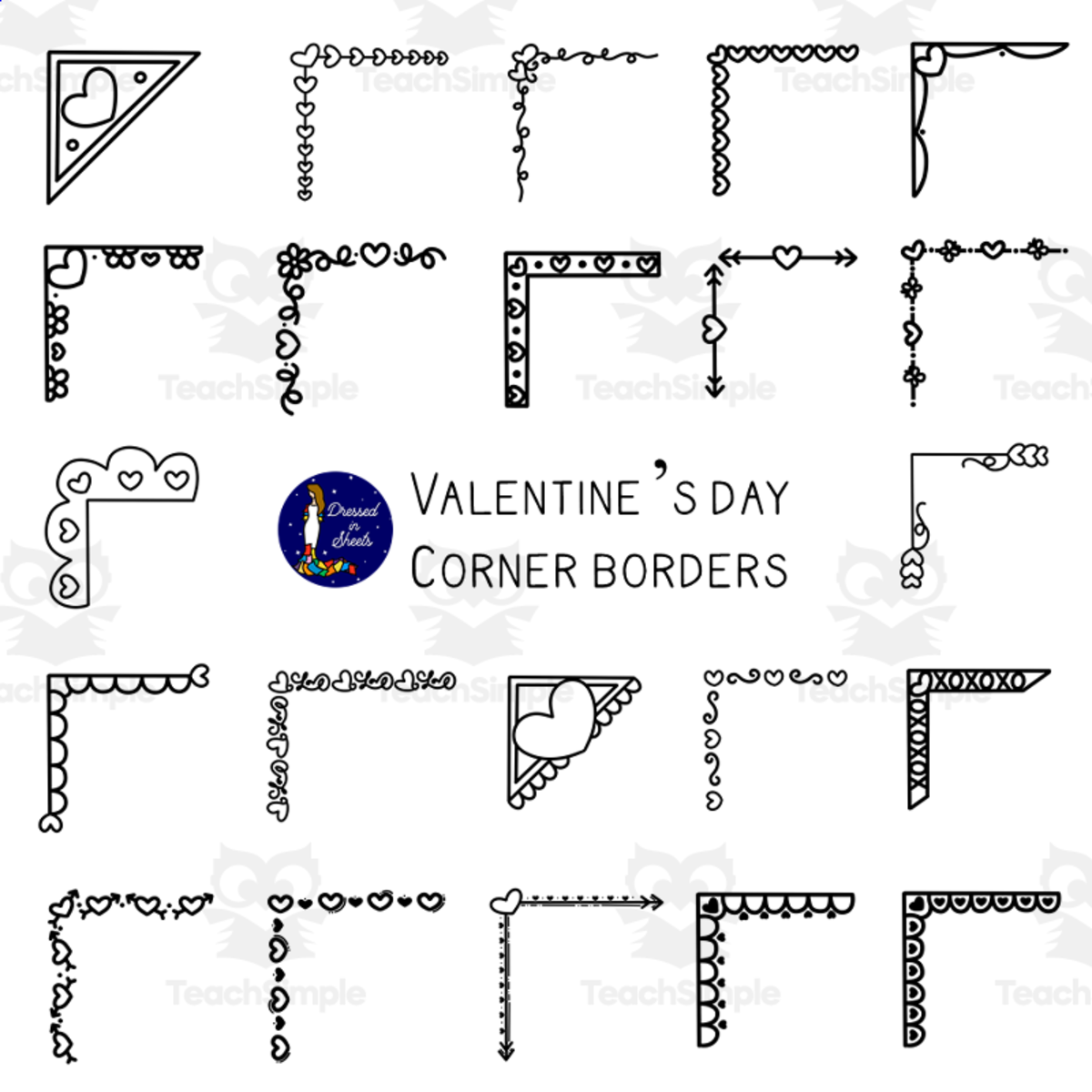 An educational teaching resource from Soumara Siddiqui entitled Valentine's Day Hand Sketched Corner Borders downloadable at Teach Simple.