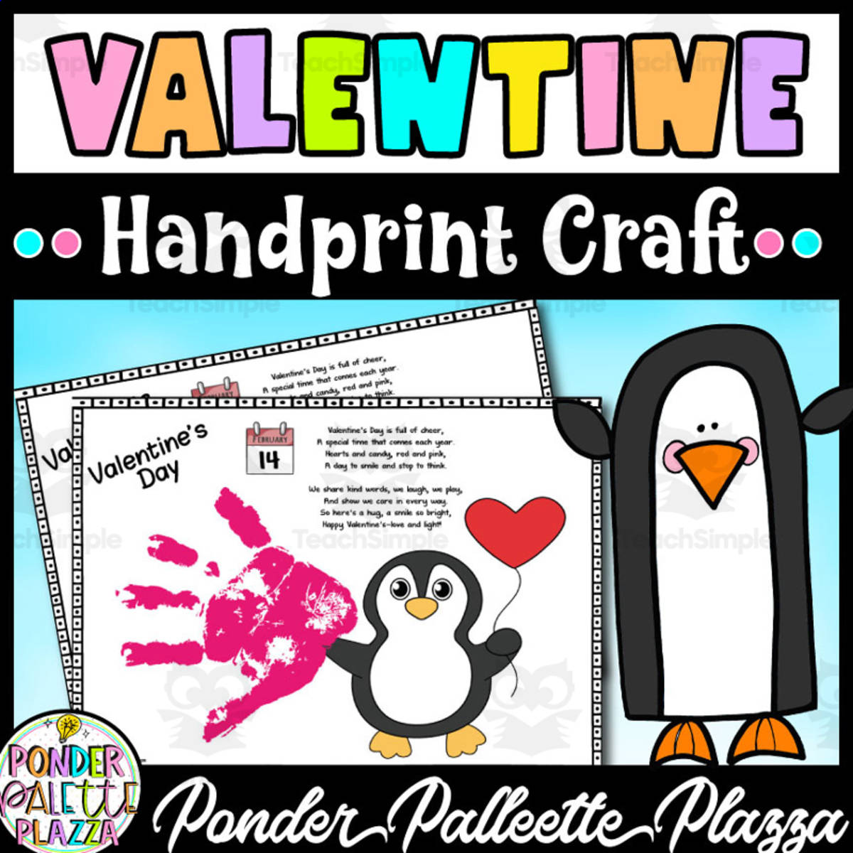 An educational teaching resource from Ponder Palette Plazza entitled Valentine's Day Handprint Craft + Poem downloadable at Teach Simple.