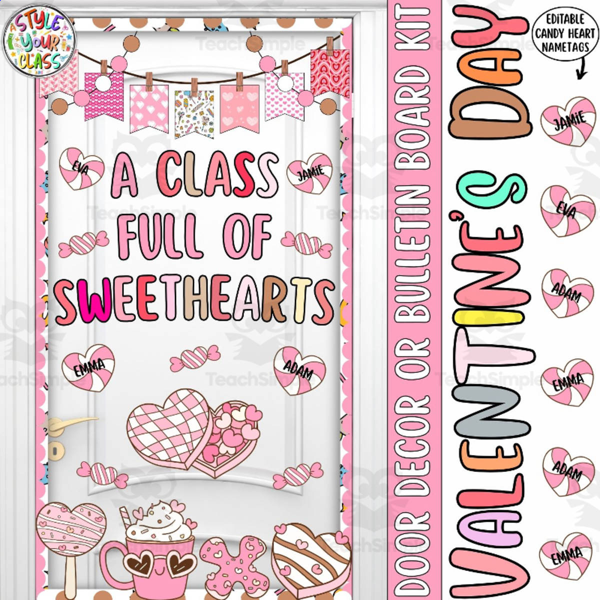 An educational teaching resource from Style Your Classroom entitled Valentine’s Day Hearts Door Decor or Bulletin Board Kit downloadable at Teach Simple.