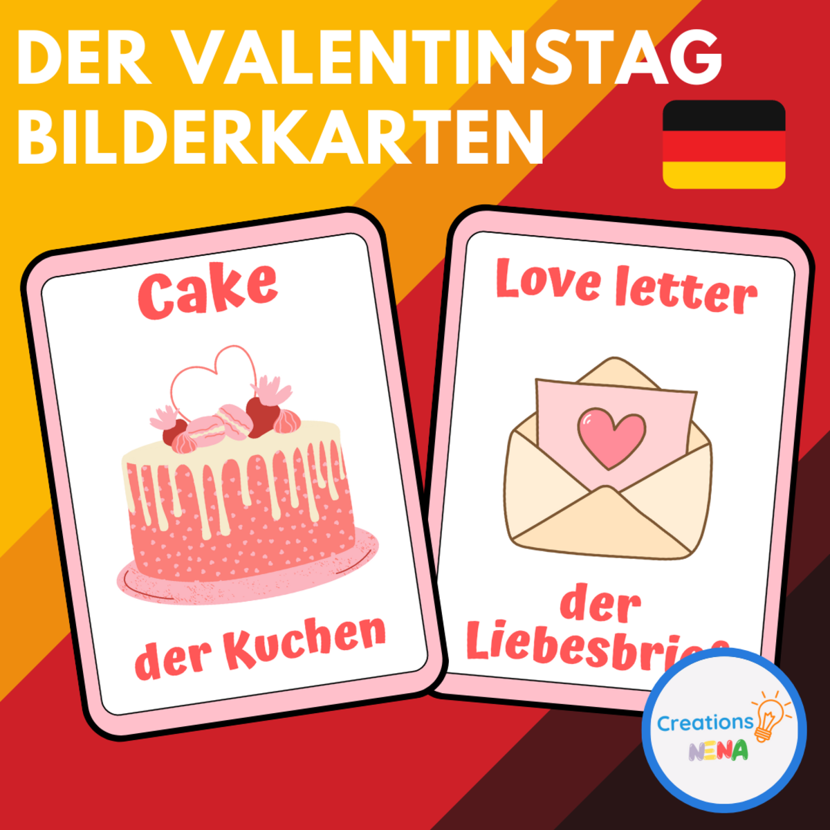 An educational teaching resource from Nena Creations entitled Valentine's Day in German (der Valentinstag) downloadable at Teach Simple.