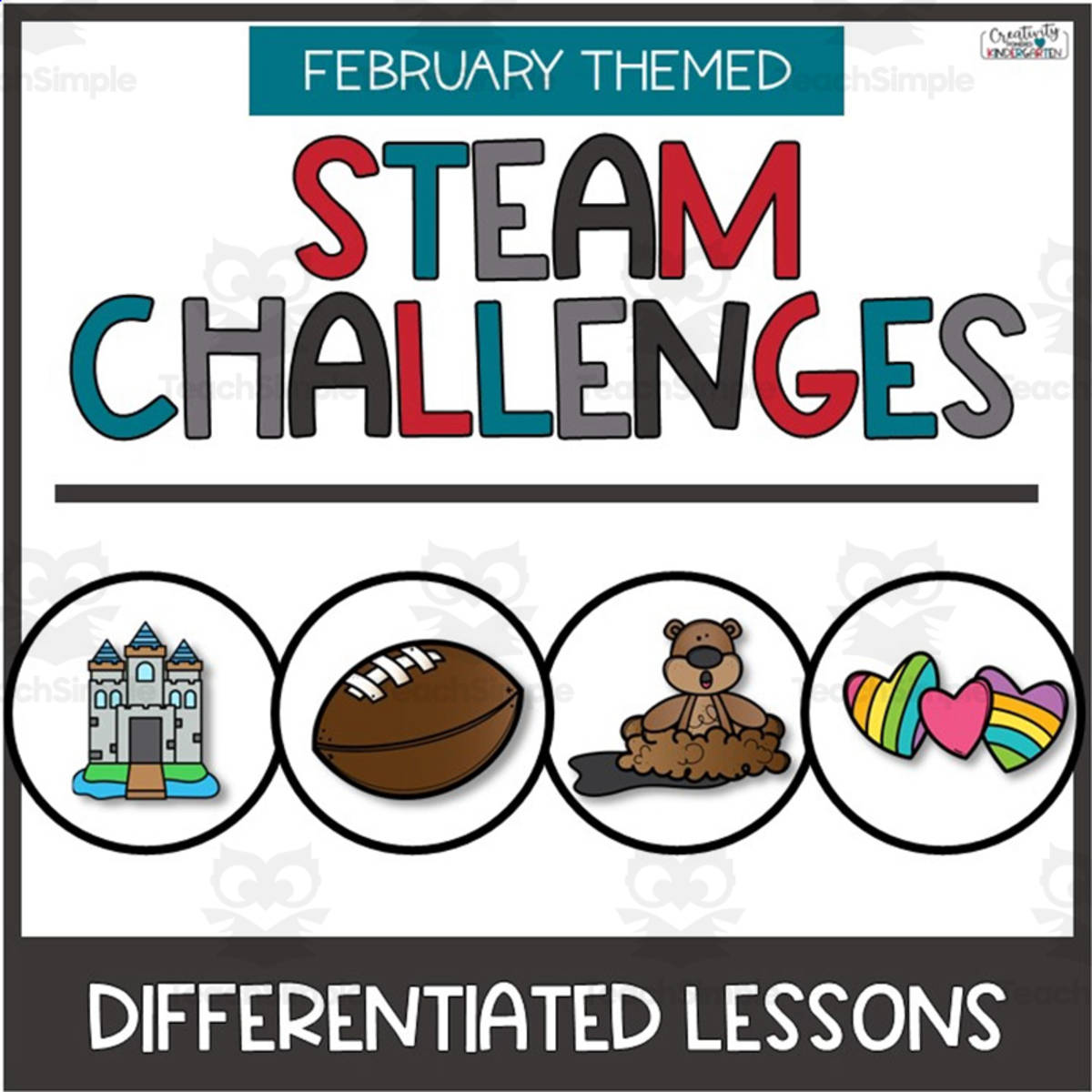 An educational teaching resource from Creativity Powered Kindergarten entitled Valentine’s Day Kindergarten STEM Activities and STEAM Challenge Task Cards for February downloadable at Teach Simple.