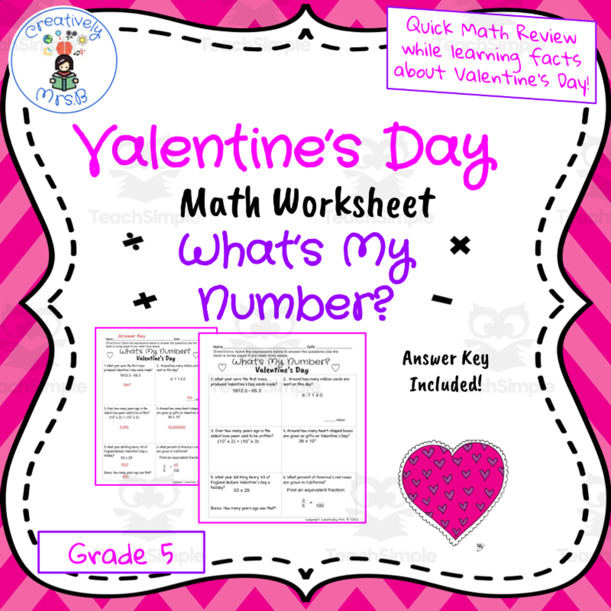 An educational teaching resource from Creatively Mrs. B entitled Valentine's Day Math Trivia Worksheet downloadable at Teach Simple.