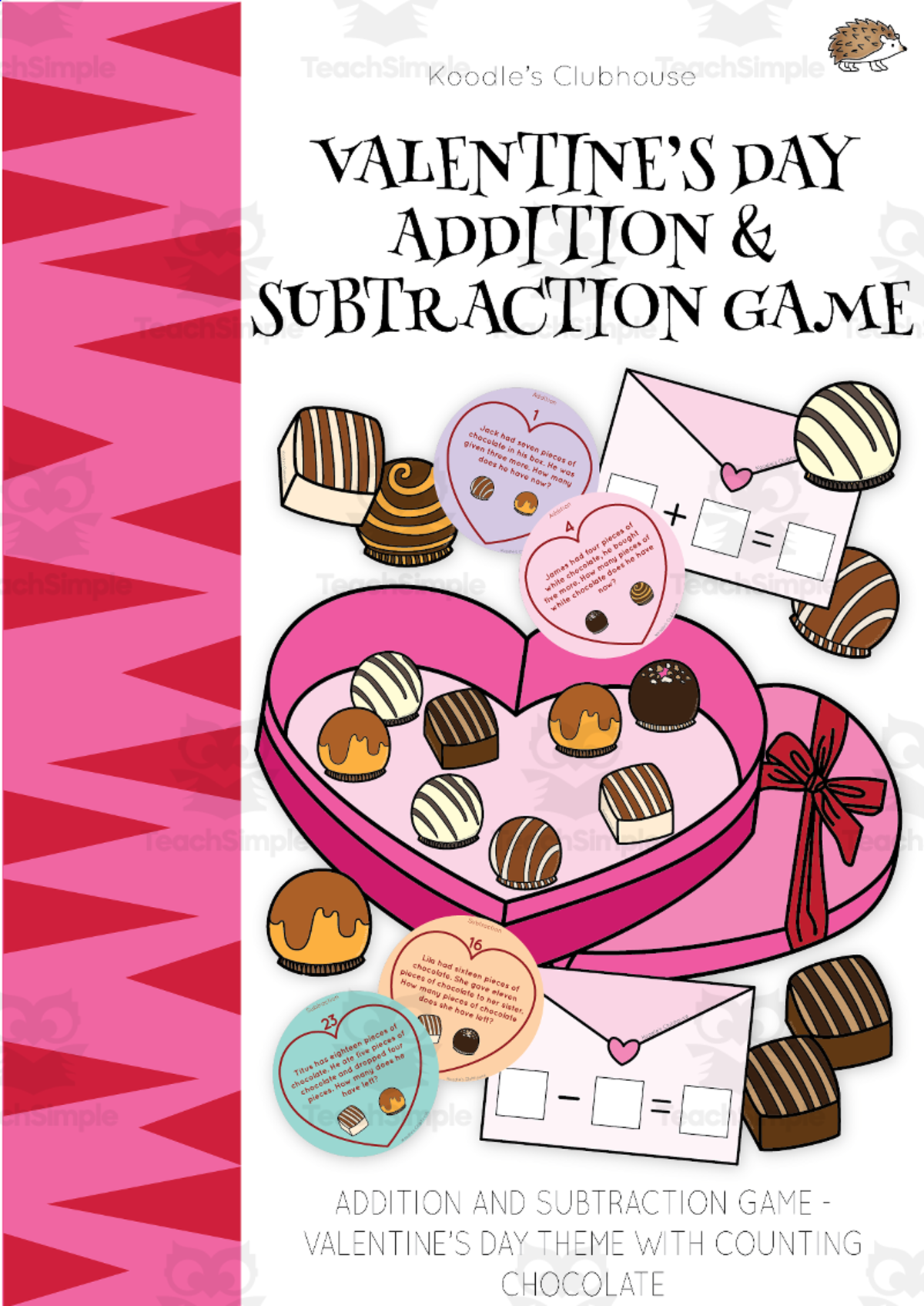 An educational teaching resource from Koodles Clubhouse entitled Valentine's Day Math Word Problem Game downloadable at Teach Simple.