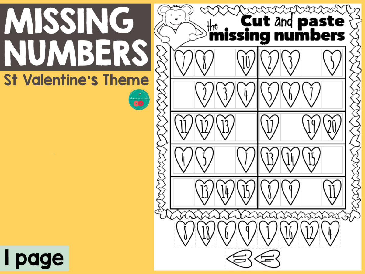 An educational teaching resource from Cherry Workshop entitled Valentine's Day Missing Numbers downloadable at Teach Simple.