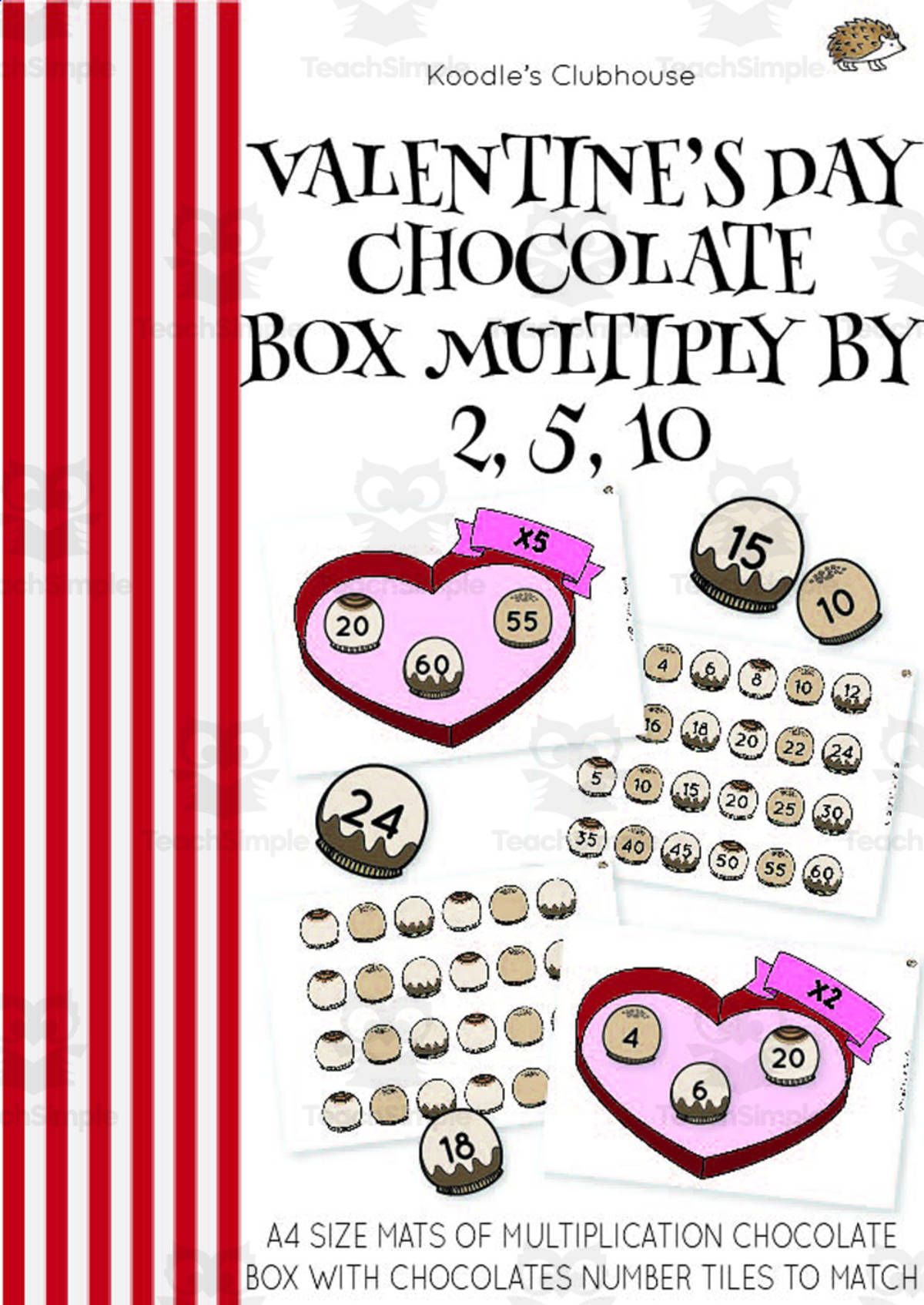 An educational teaching resource from Koodles Clubhouse entitled Valentine's Day Multiplication Chocolate Box downloadable at Teach Simple.