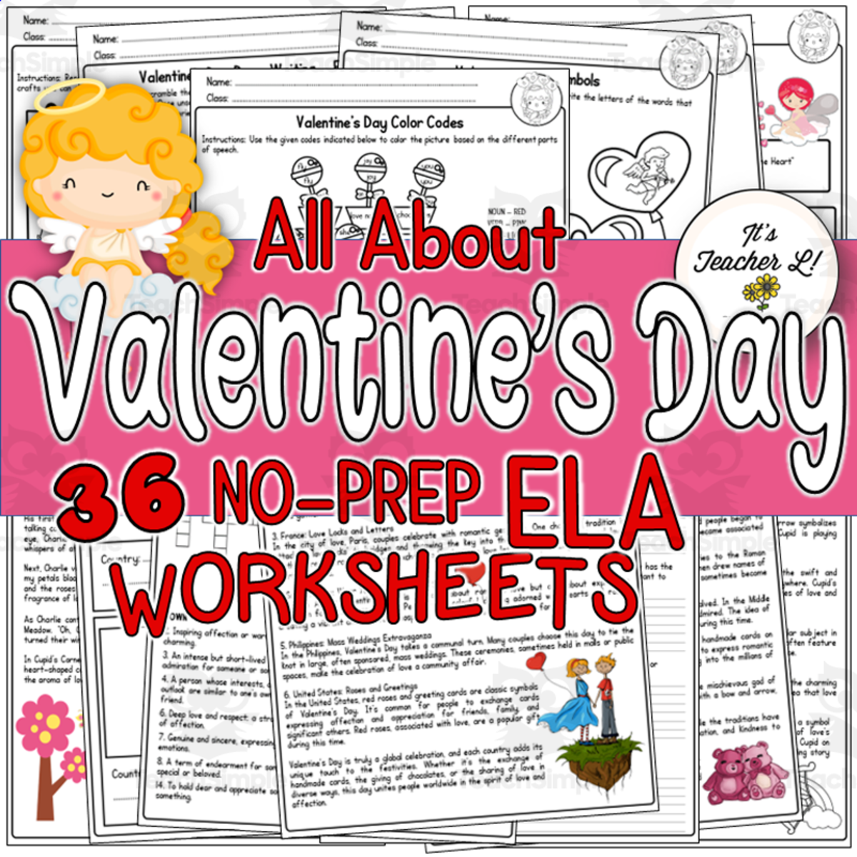 An educational teaching resource from It's Teacher L entitled Valentine's Day No-Prep ELA Worksheets (4th|5th|6th) downloadable at Teach Simple.