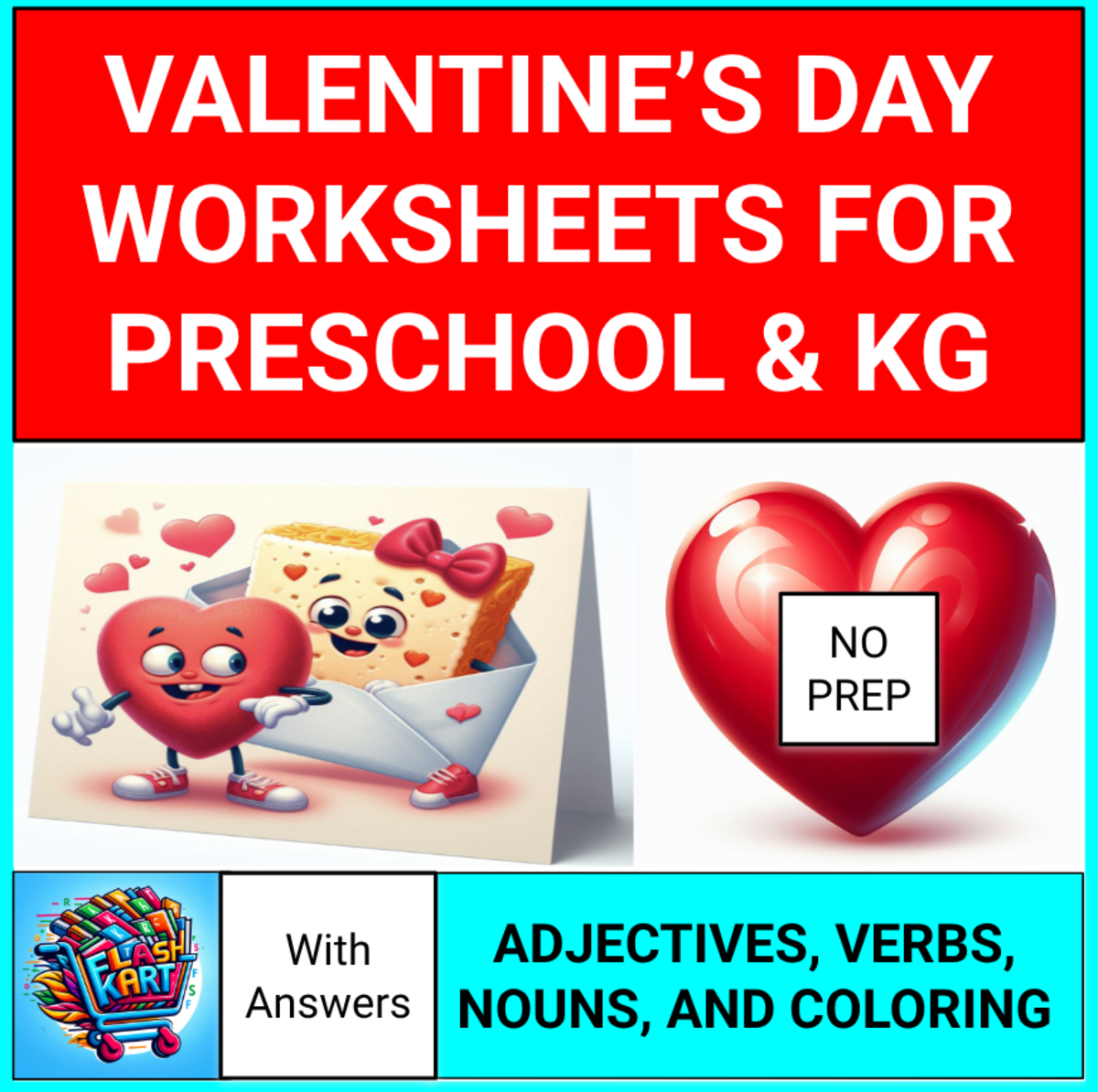 An educational teaching resource from FlashKart entitled Valentine’s Day Nouns, Vowels and Adjectives Worksheets for Pre-K & KG downloadable at Teach Simple.