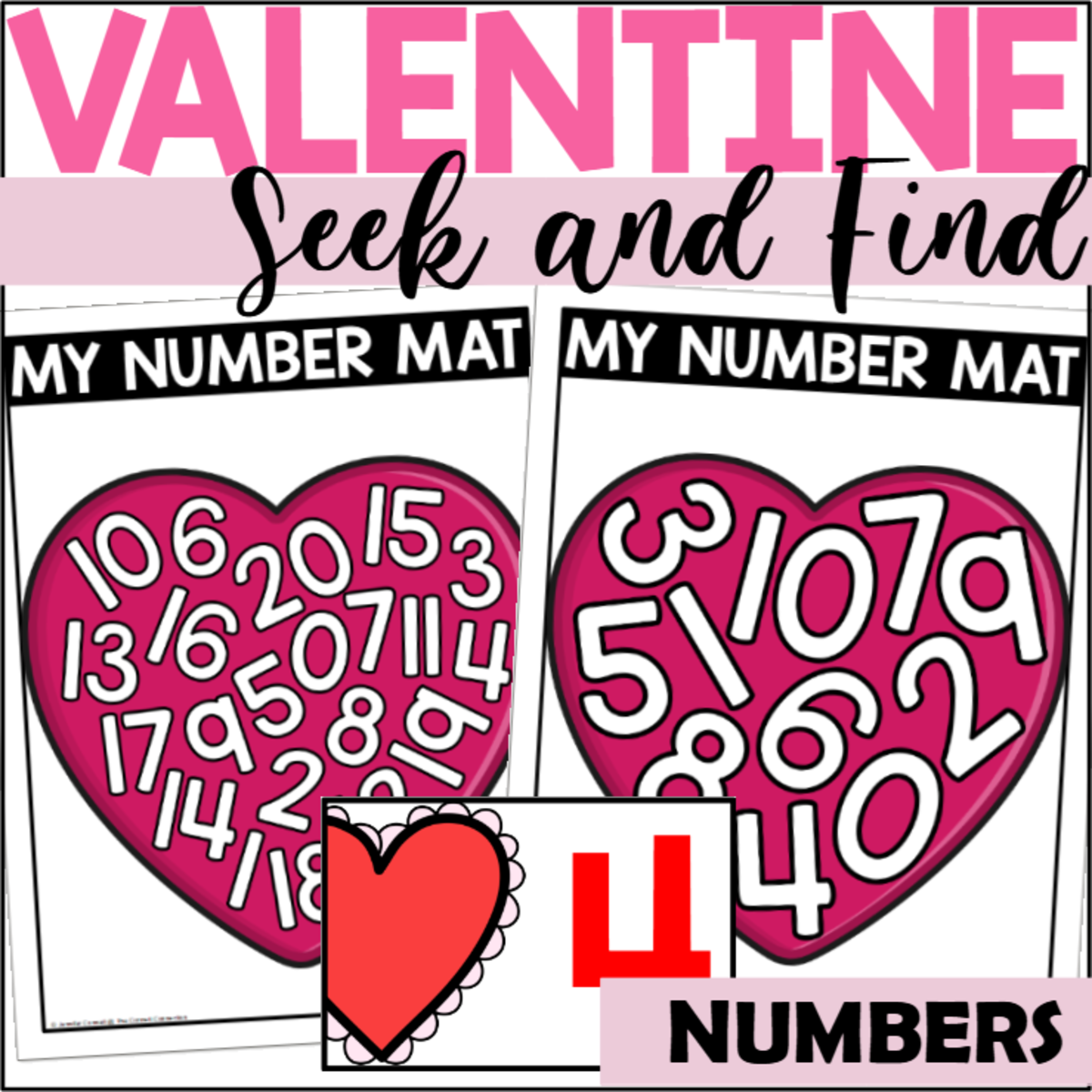 An educational teaching resource from The Connett Connection entitled Valentine's Day Number Seek and Find Mats downloadable at Teach Simple.