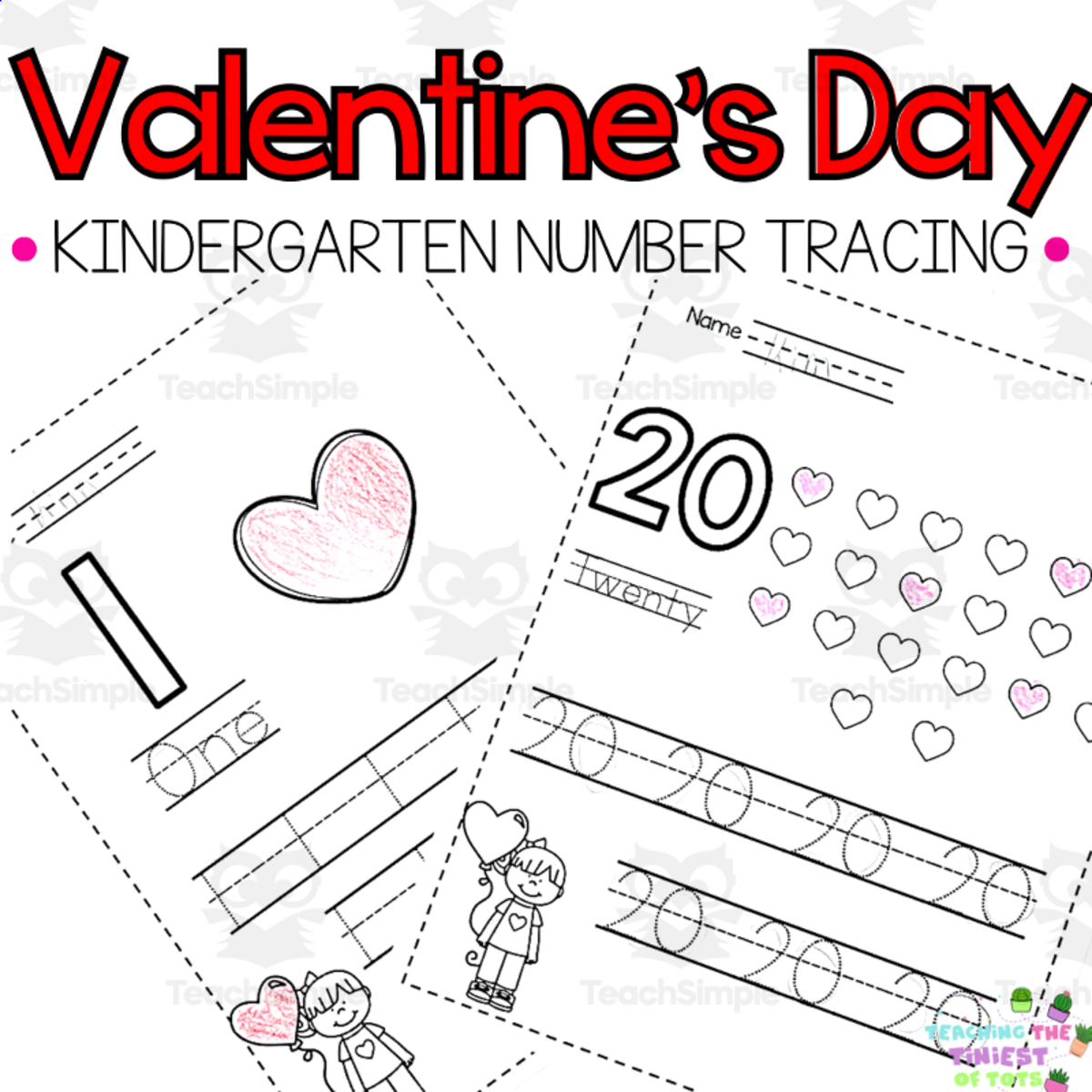 An educational teaching resource from Teaching the Tiniest of Tots entitled Valentine’s Day Number Tracing |Kindergarten Math Worksheets Counting Practice downloadable at Teach Simple.