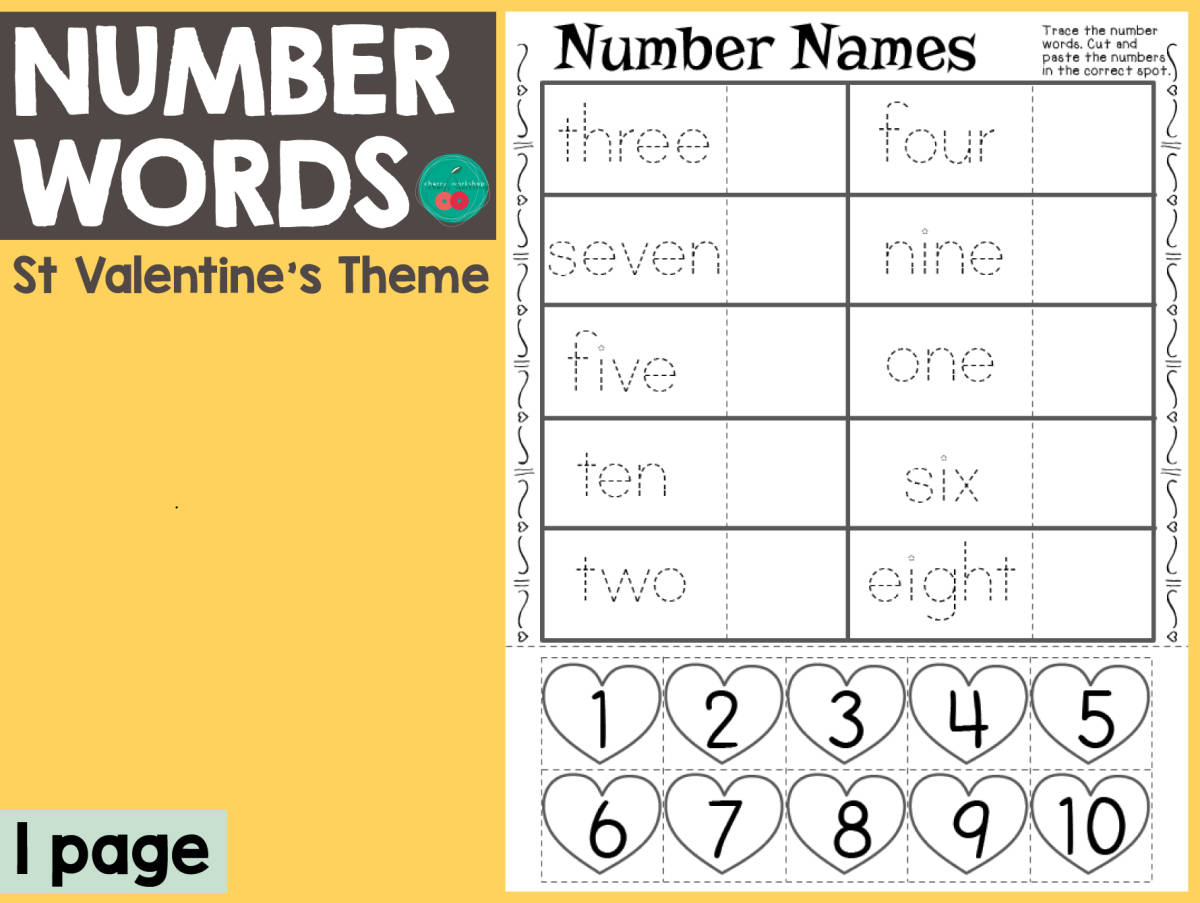 An educational teaching resource from Cherry Workshop entitled Valentine's Day Number Words downloadable at Teach Simple.