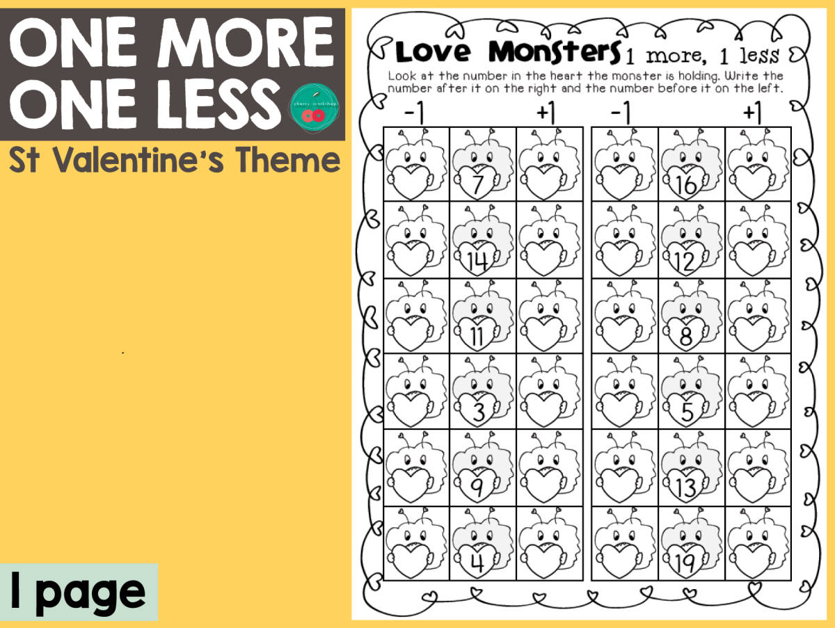 An educational teaching resource from Cherry Workshop entitled Valentine's Day One More One Less downloadable at Teach Simple.