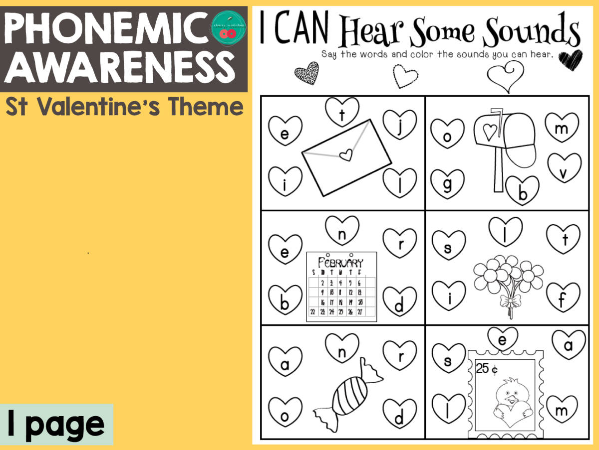 An educational teaching resource from Cherry Workshop entitled Valentine's Day Phonemic Awareness downloadable at Teach Simple.