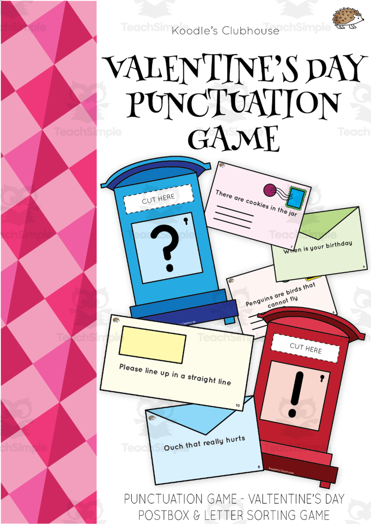An educational teaching resource from Koodles Clubhouse entitled Valentine's Day Postbox Punctuation Activity downloadable at Teach Simple.