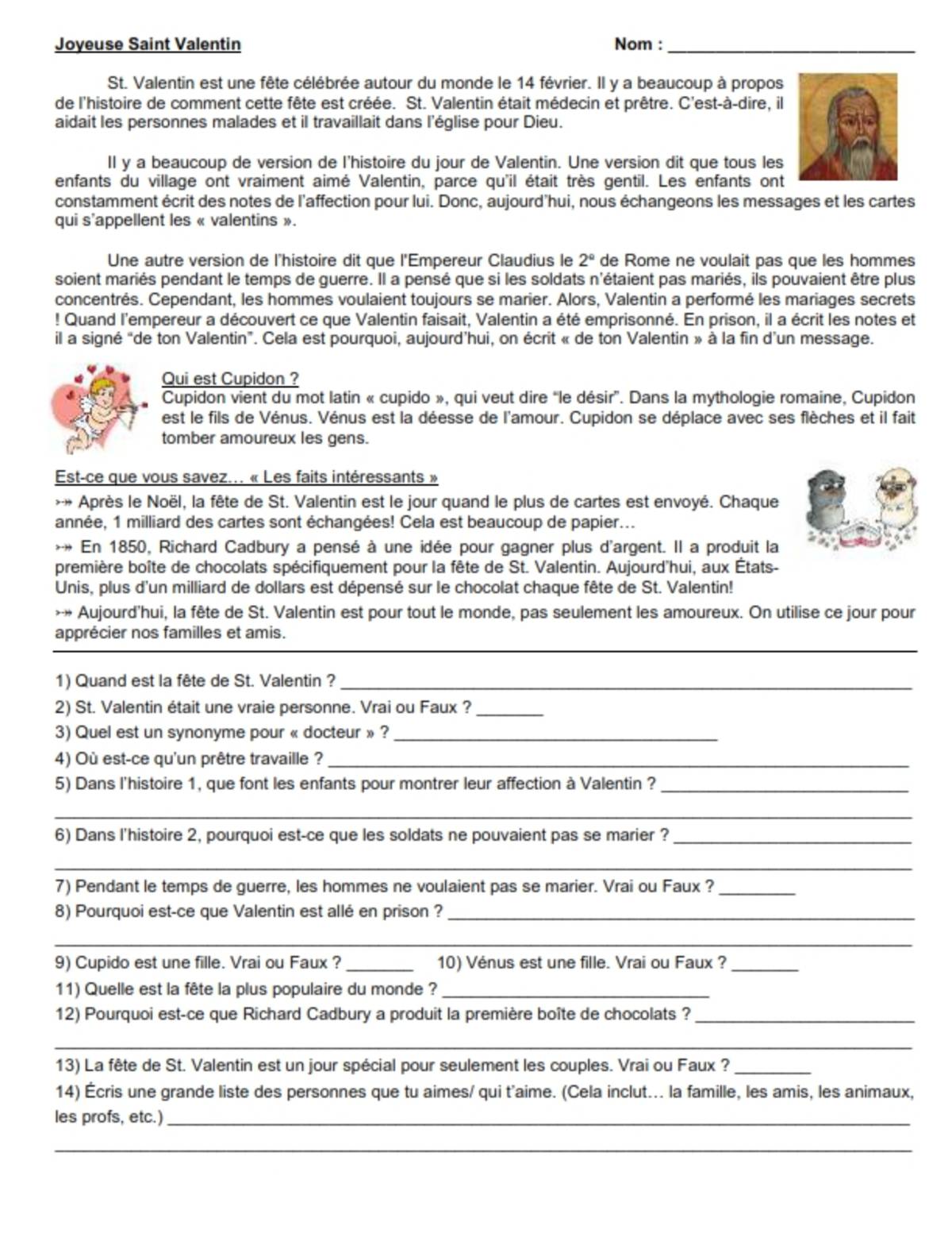 An educational teaching resource from Brave Education entitled Valentine's Day Reading & Comprehension Unit ( French Version ) downloadable at Teach Simple.