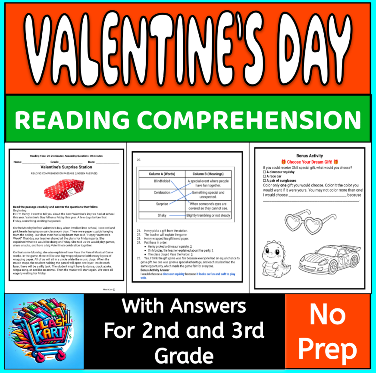 An educational teaching resource from FlashKart entitled Valentine's Day Reading Comprehension Passage Sub Plan for 2nd and 3rd downloadable at Teach Simple.