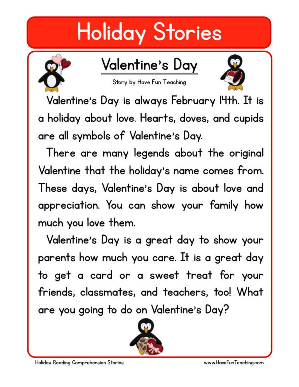An educational teaching resource from Have Fun Teaching entitled Valentine's Day Reading Comprehension Worksheet downloadable at Teach Simple.