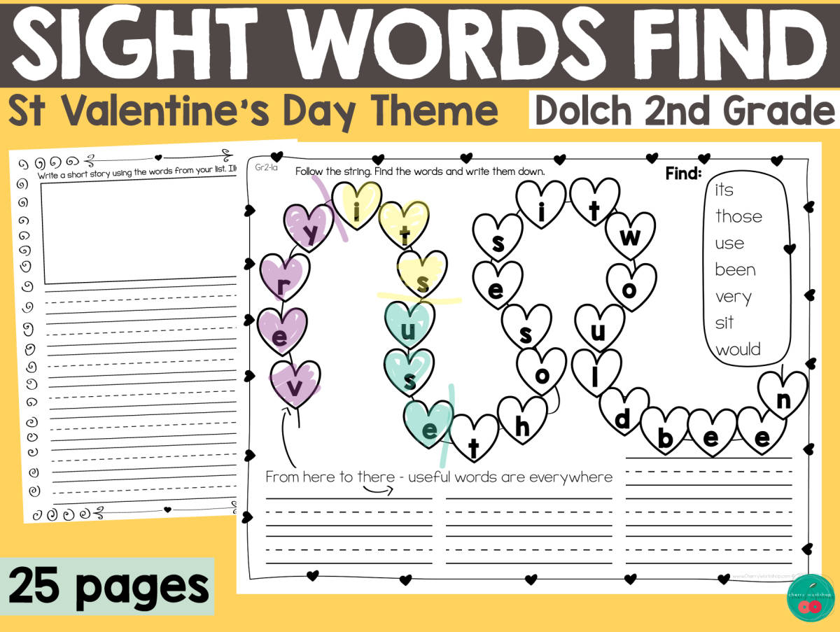 An educational teaching resource from Cherry Workshop entitled Valentine's Day Sight Words  - 2nd Grade downloadable at Teach Simple.