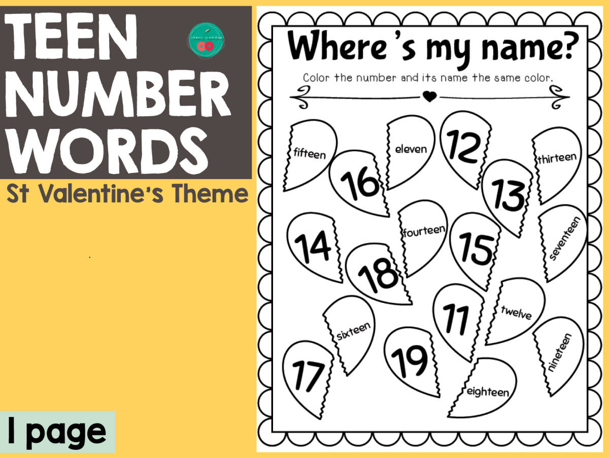 An educational teaching resource from Cherry Workshop entitled Valentine's Day Teen Number Words downloadable at Teach Simple.