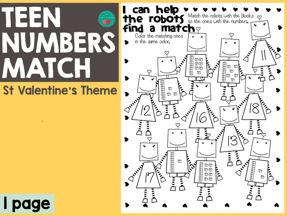 An educational teaching resource from Cherry Workshop entitled Valentine's Day Teen Numbers Match downloadable at Teach Simple.