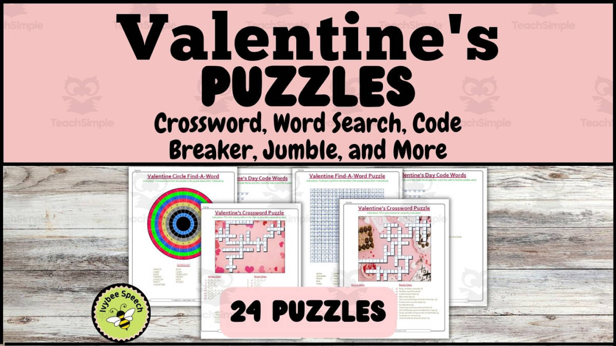 An educational teaching resource from Ivybee Speech entitled Valentine's Day Word Puzzles Codebreakers, Words Searches, Crosswords, Jumbles, and More downloadable at Teach Simple.