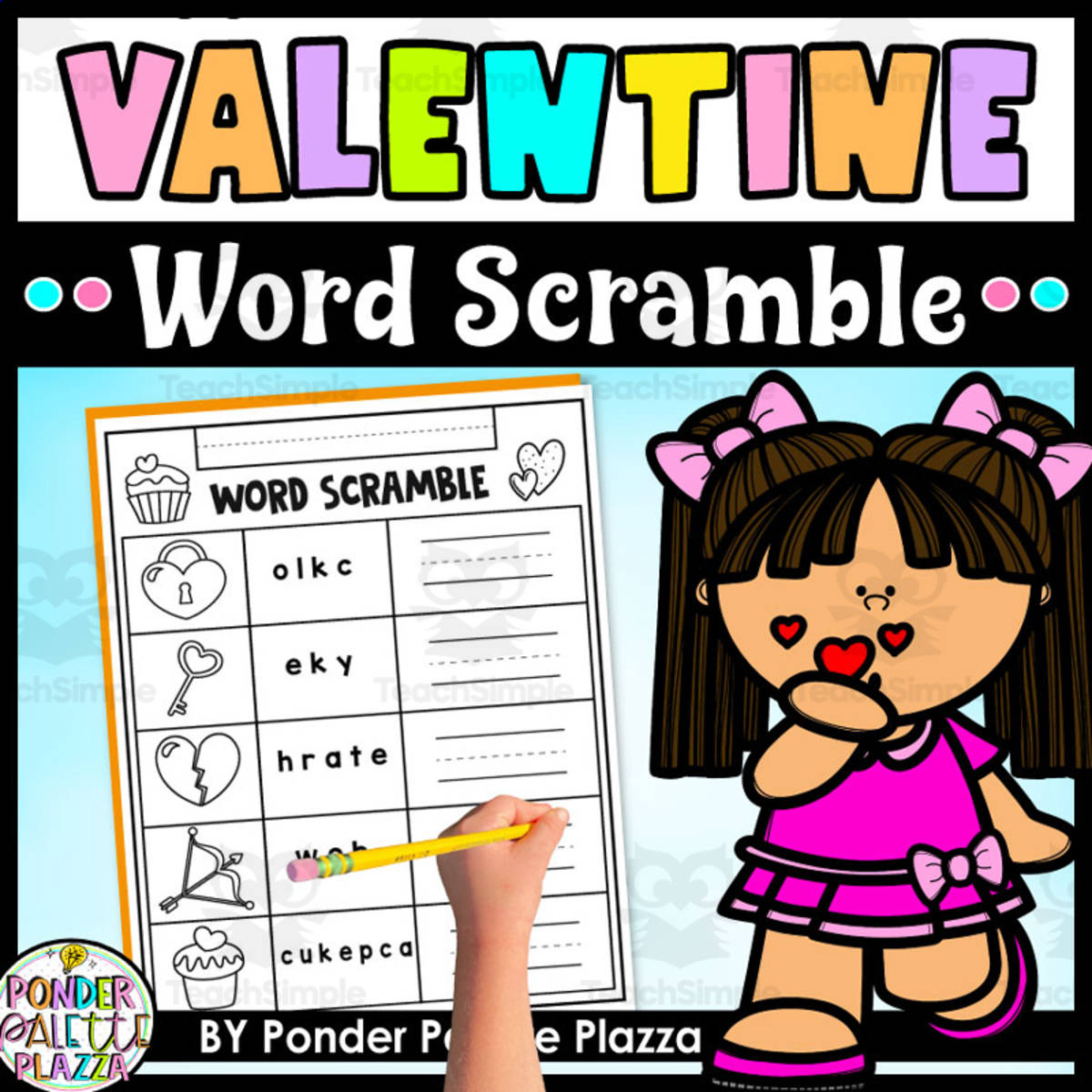 An educational teaching resource from Ponder Palette Plazza entitled Valentine's Day Word Scramble - Color and Write downloadable at Teach Simple.