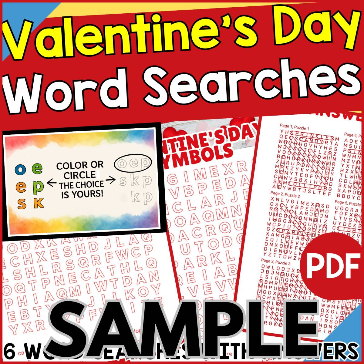An educational teaching resource from Cored Education entitled Valentine's Day Word Searches: 1 Page Sample (PDF) downloadable at Teach Simple.