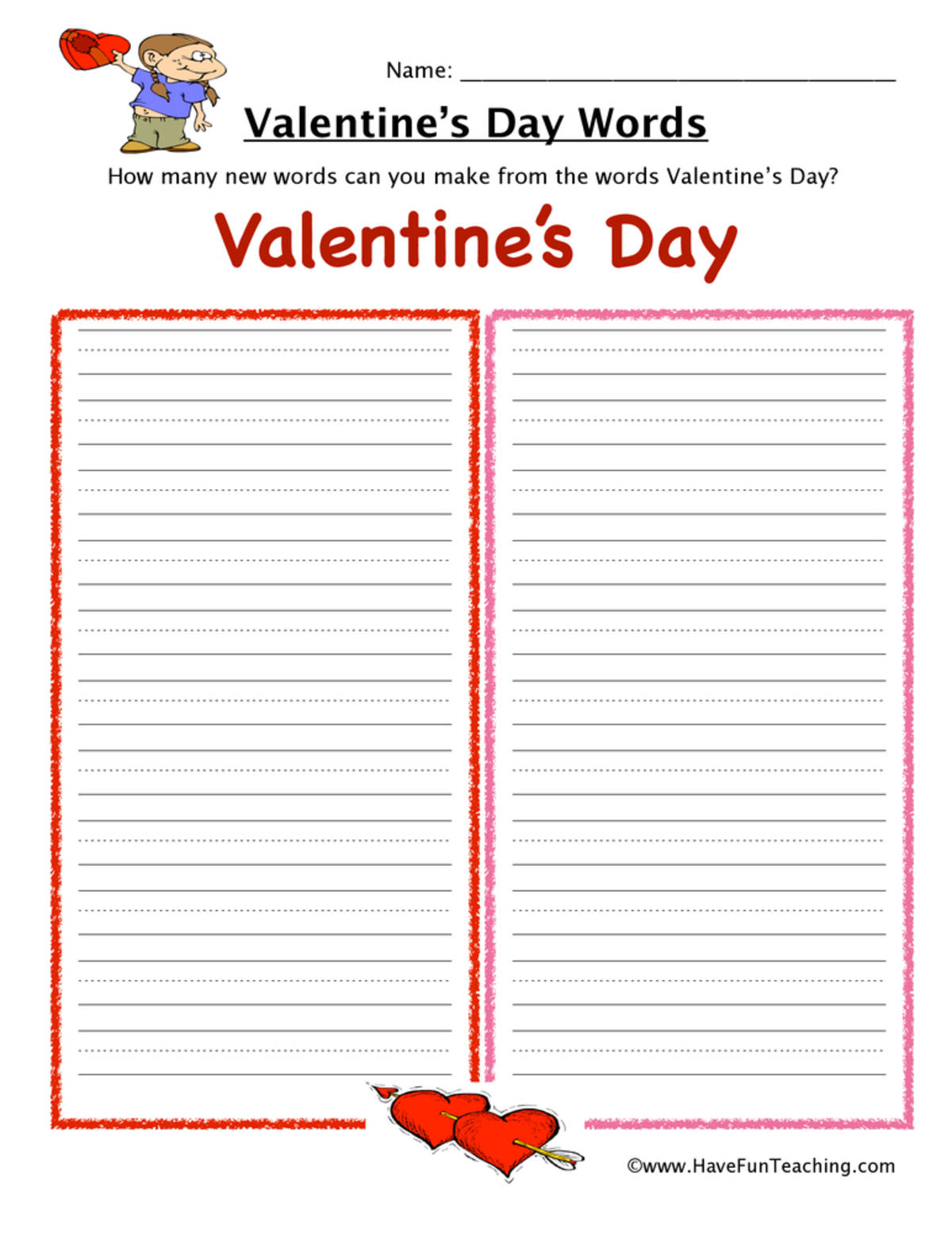 An educational teaching resource from Have Fun Teaching entitled Valentine's Day Words Worksheet downloadable at Teach Simple.