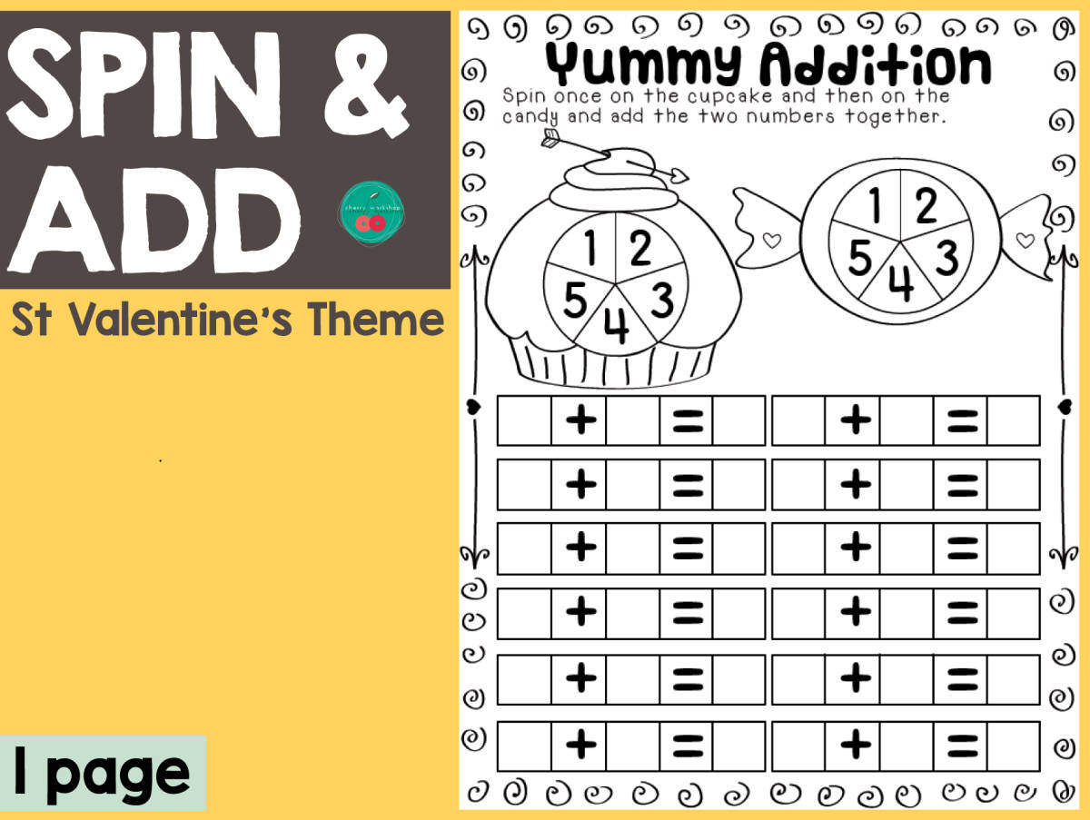 An educational teaching resource from Cherry Workshop entitled Valentine's Day Yummy Addition downloadable at Teach Simple.