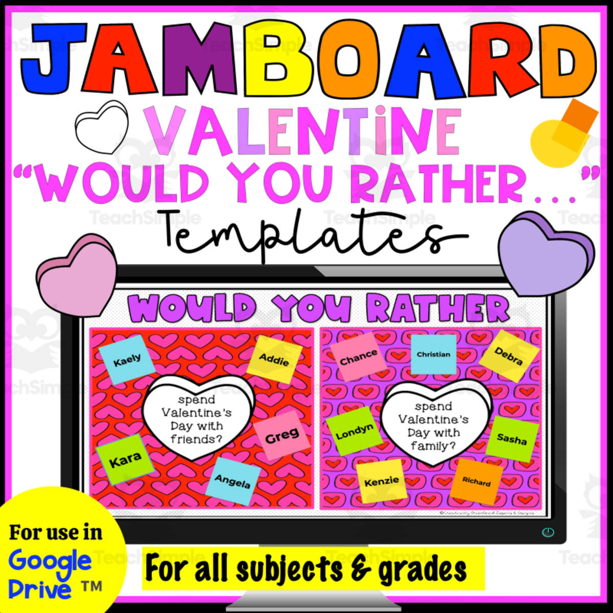 An educational teaching resource from Creativity Overload entitled Valentines Jamboard Templates downloadable at Teach Simple.