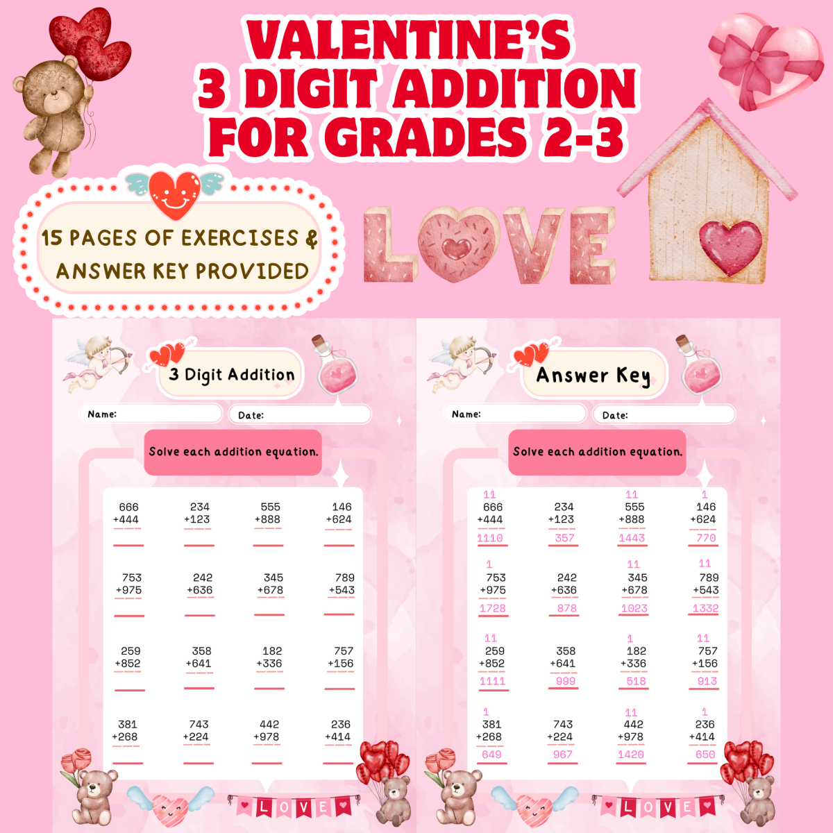 An educational teaching resource from Cutie worksheets986 entitled Valentine’s Three-Digit Addition Worksheets downloadable at Teach Simple.