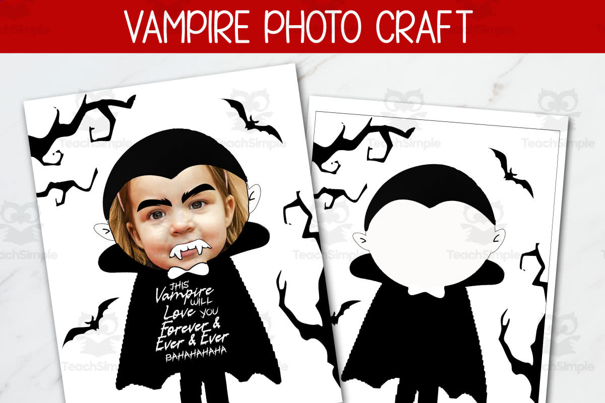 An educational teaching resource from Forever June Digital Design entitled Vampire Photo Craft, Halloween Activity Primary Grades downloadable at Teach Simple.
