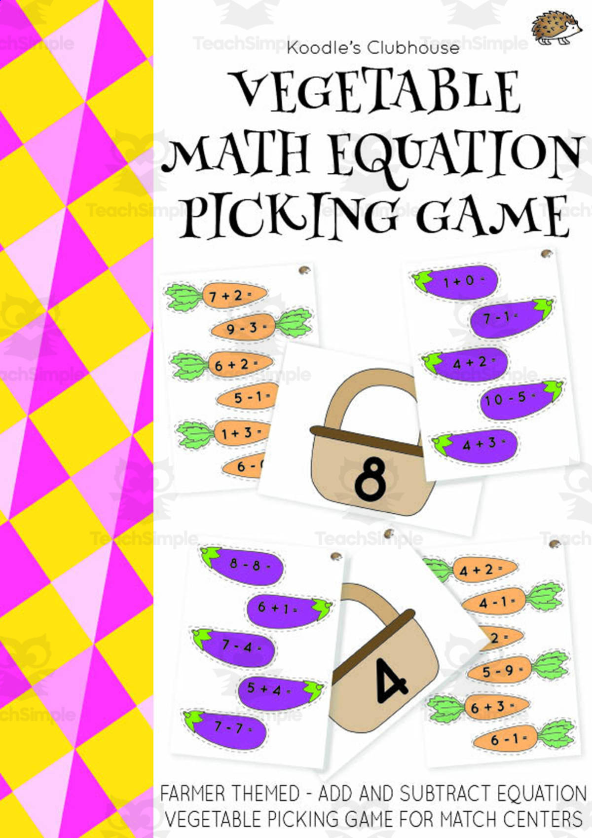 An educational teaching resource from Koodles Clubhouse entitled Vegetable Math Equation Picking Game downloadable at Teach Simple.