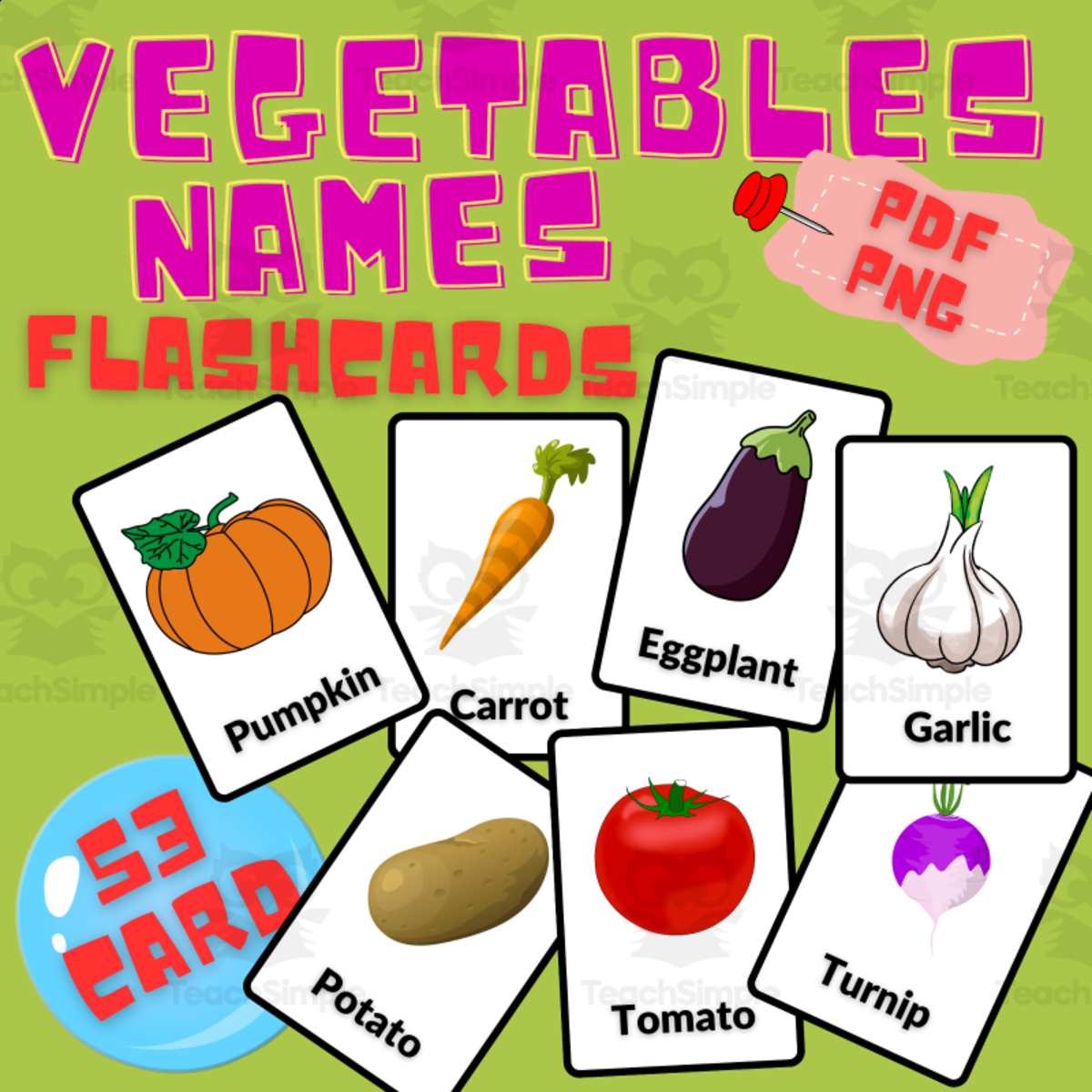 An educational teaching resource from Homeschoolingprints entitled Vegetables Flash Cards Printable In English downloadable at Teach Simple.