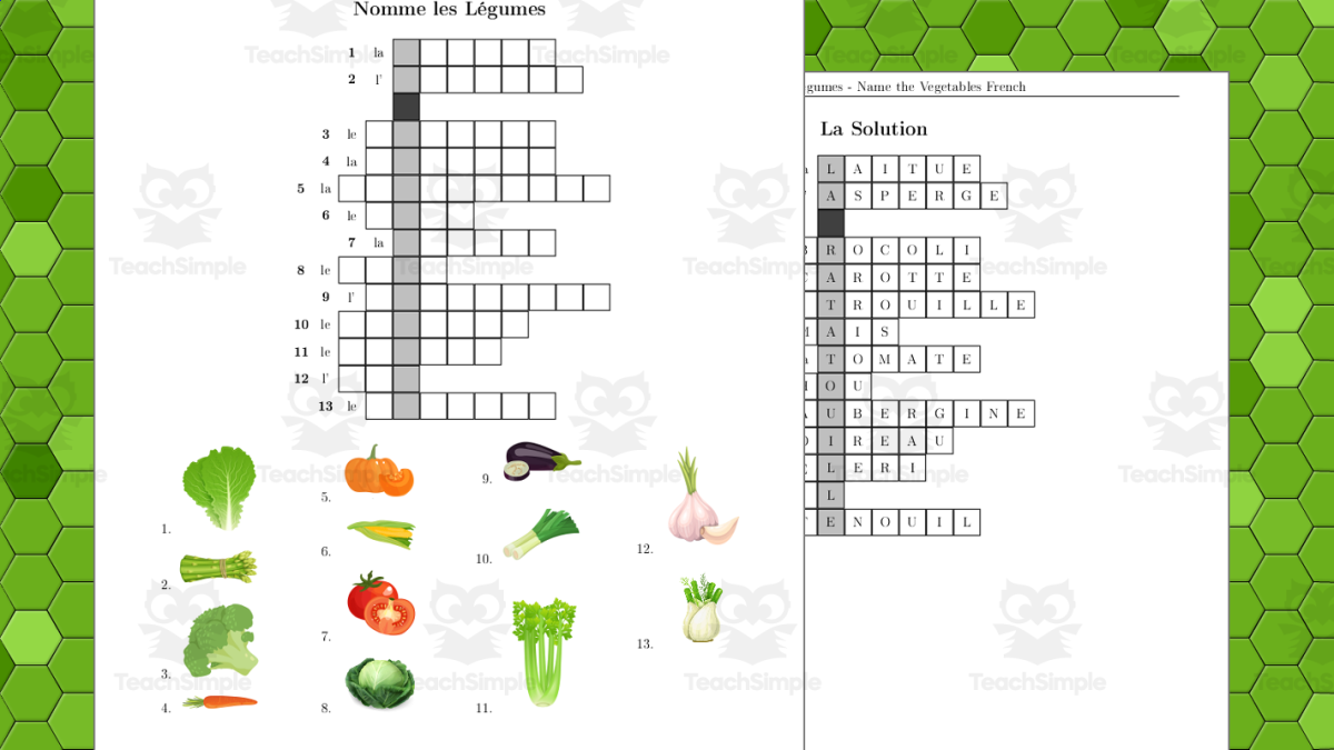 An educational teaching resource from TheBrightestKid entitled Vegetables in French Crossword Puzzle - Nomme les Légumes downloadable at Teach Simple.