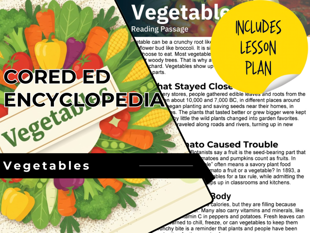 An educational teaching resource from Cored Education entitled Vegetables Reading Comprehension Passage - Cored Ed Encyclopedia downloadable at Teach Simple.