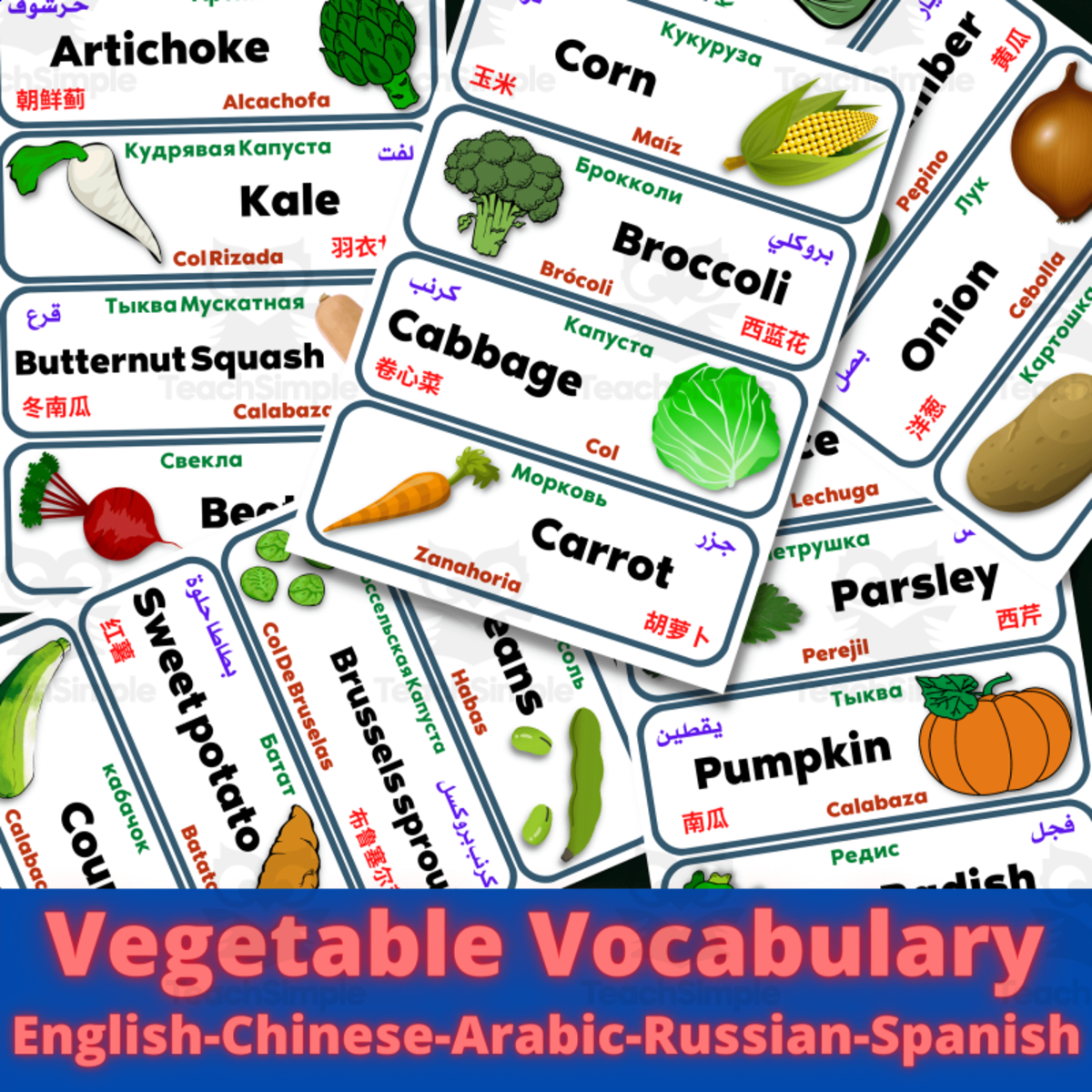 An educational teaching resource from Homeschoolingprints entitled Vegetables Vocabulary Multilingual ESL English Arabic Spanish Russian downloadable at Teach Simple.