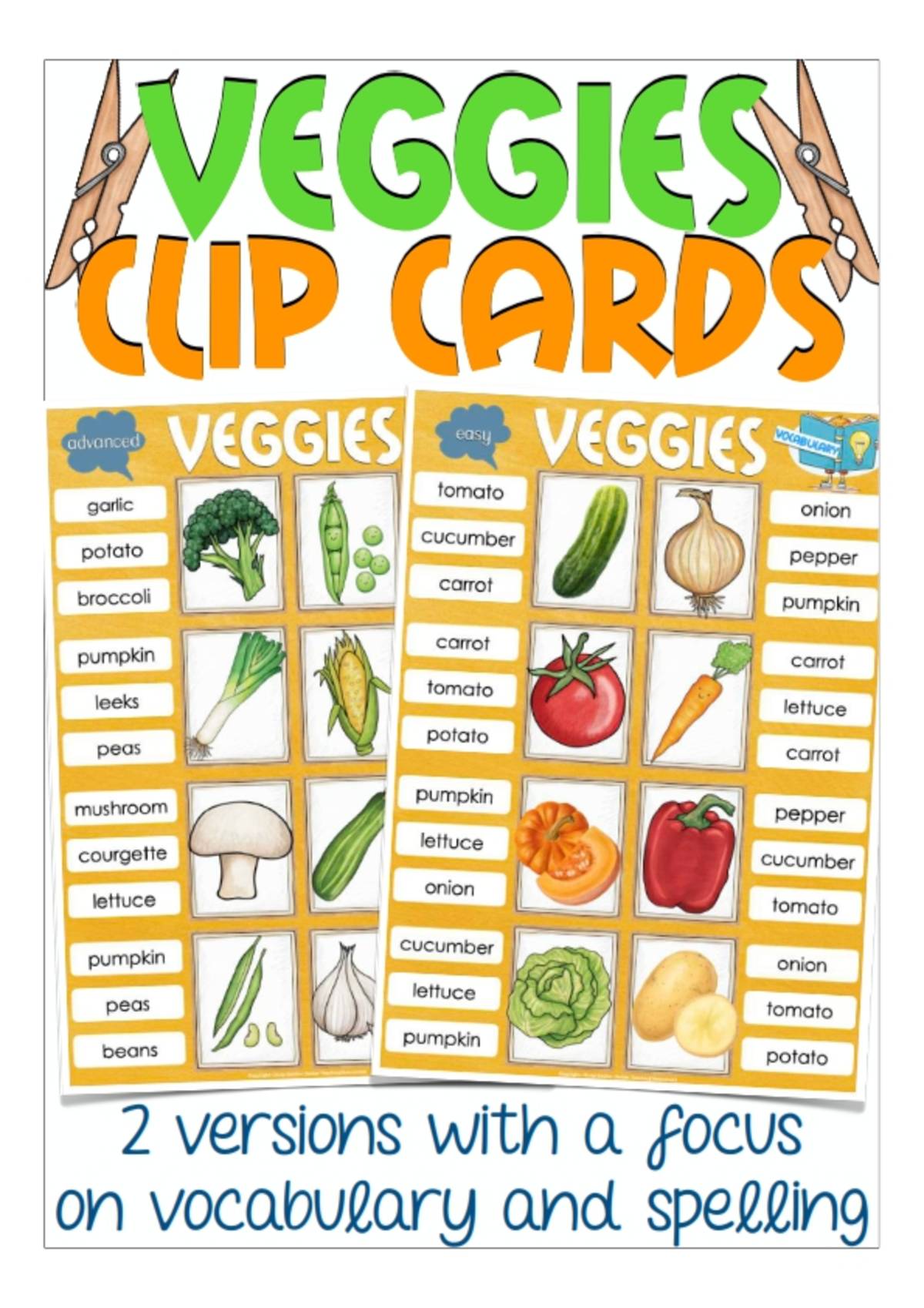 An educational teaching resource from Better Teaching Resources entitled Veggies Clip Cards - Spelling & Vocabulary downloadable at Teach Simple.