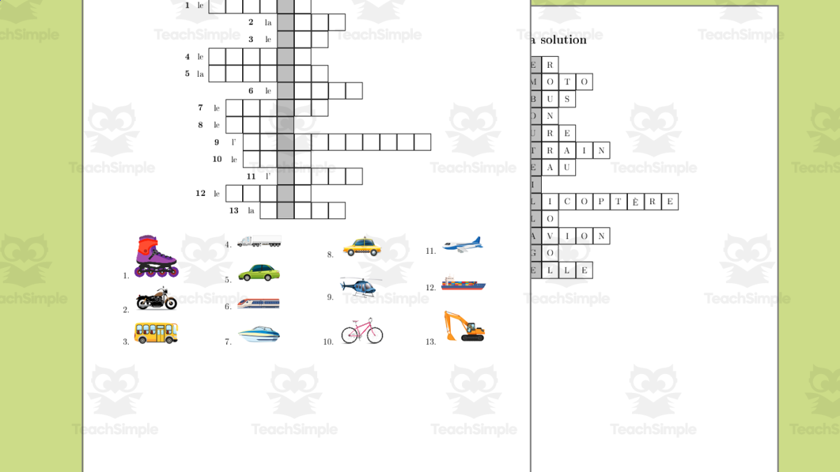 An educational teaching resource from TheBrightestKid entitled Vehicles in French Crossword Puzzle - Nomme les véhicules downloadable at Teach Simple.