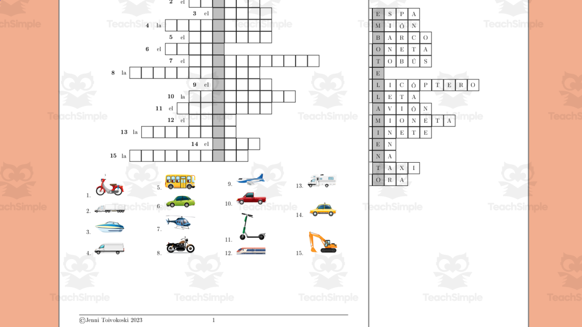 An educational teaching resource from TheBrightestKid entitled Vehicles in Spanish Crossword Puzzle - Nombra los vehiculos downloadable at Teach Simple.