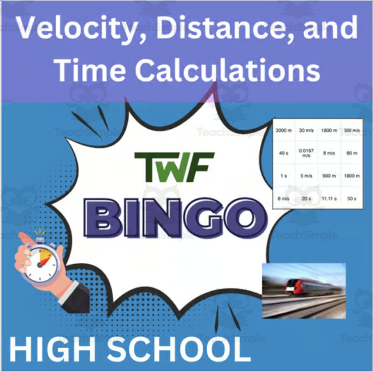 An educational teaching resource from Teach With Fergy entitled Velocity, Distance, and Time Science BINGO Activity downloadable at Teach Simple.