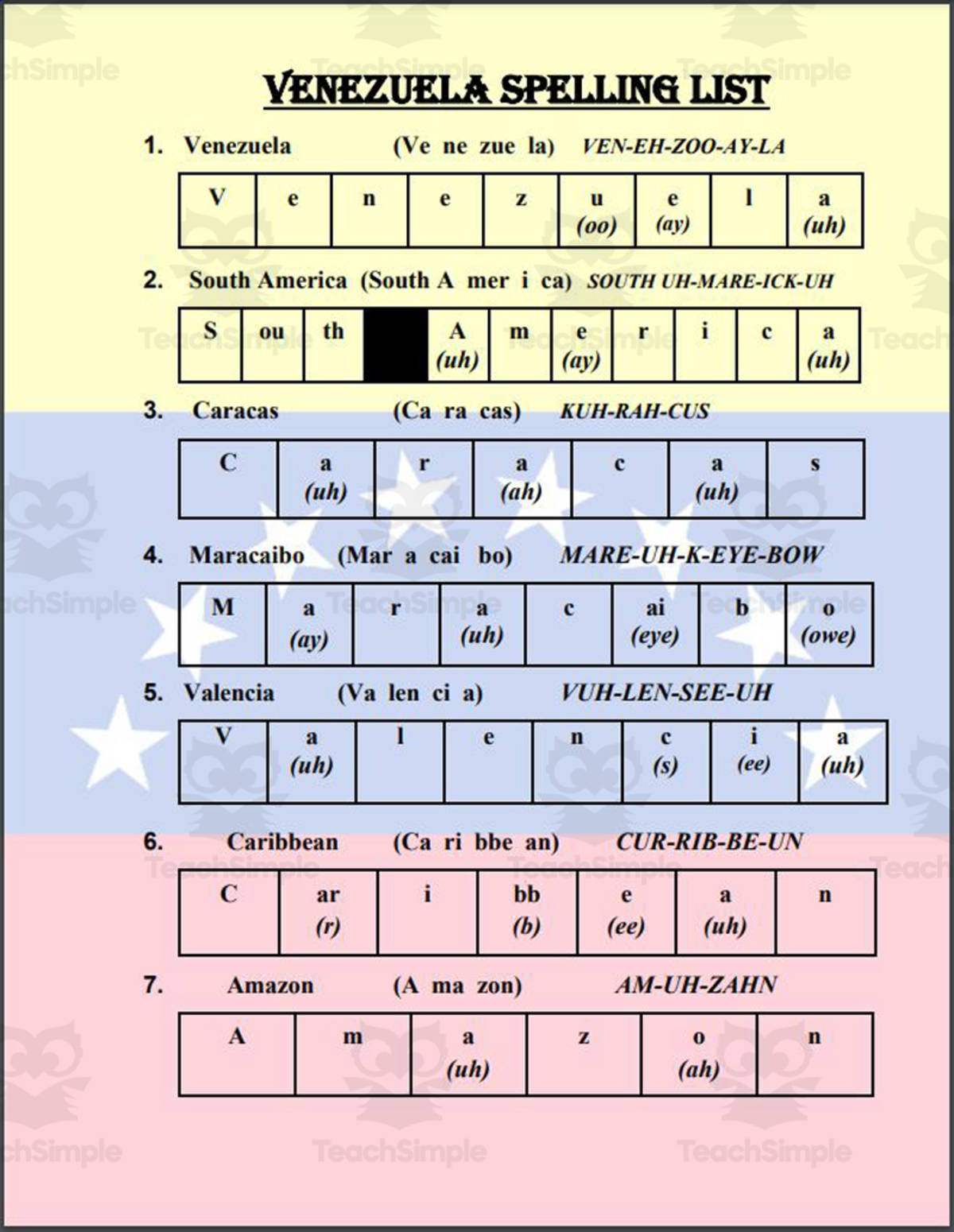 An educational teaching resource from Mr. Matthews Teacher Store entitled Venezuela Spelling List downloadable at Teach Simple.