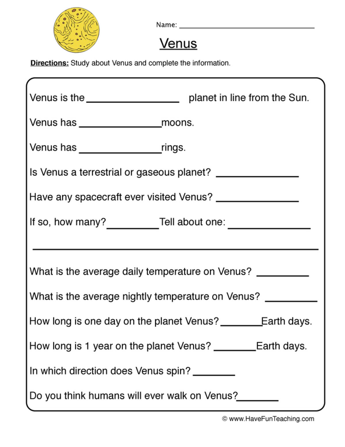 An educational teaching resource from Have Fun Teaching entitled Venus Planet Worksheet downloadable at Teach Simple.