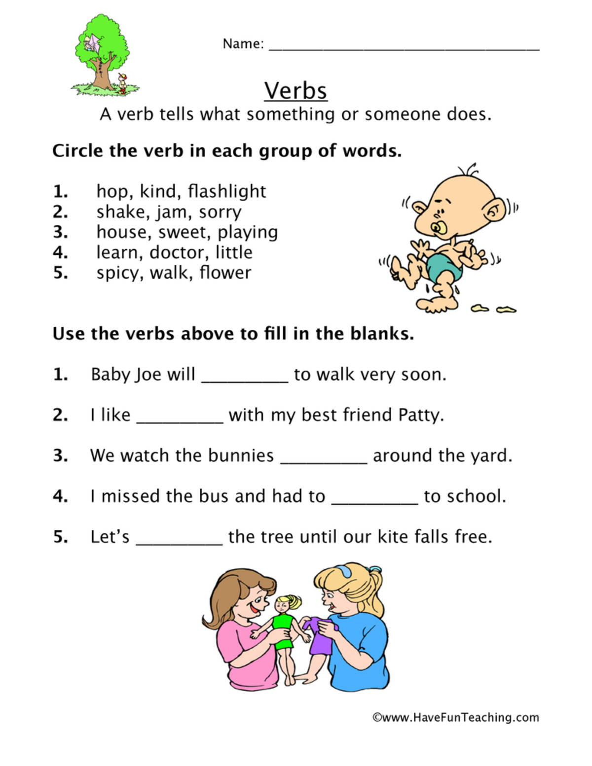 An educational teaching resource from Have Fun Teaching entitled Verb Completing Sentences Worksheet downloadable at Teach Simple.