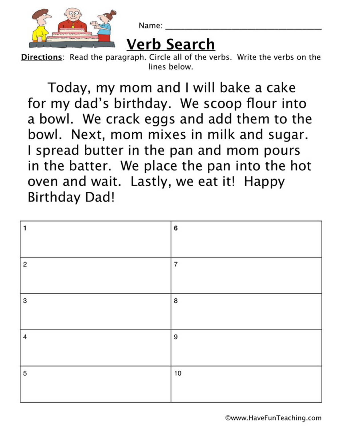An educational teaching resource from Have Fun Teaching entitled Verb Story Search Worksheet downloadable at Teach Simple.