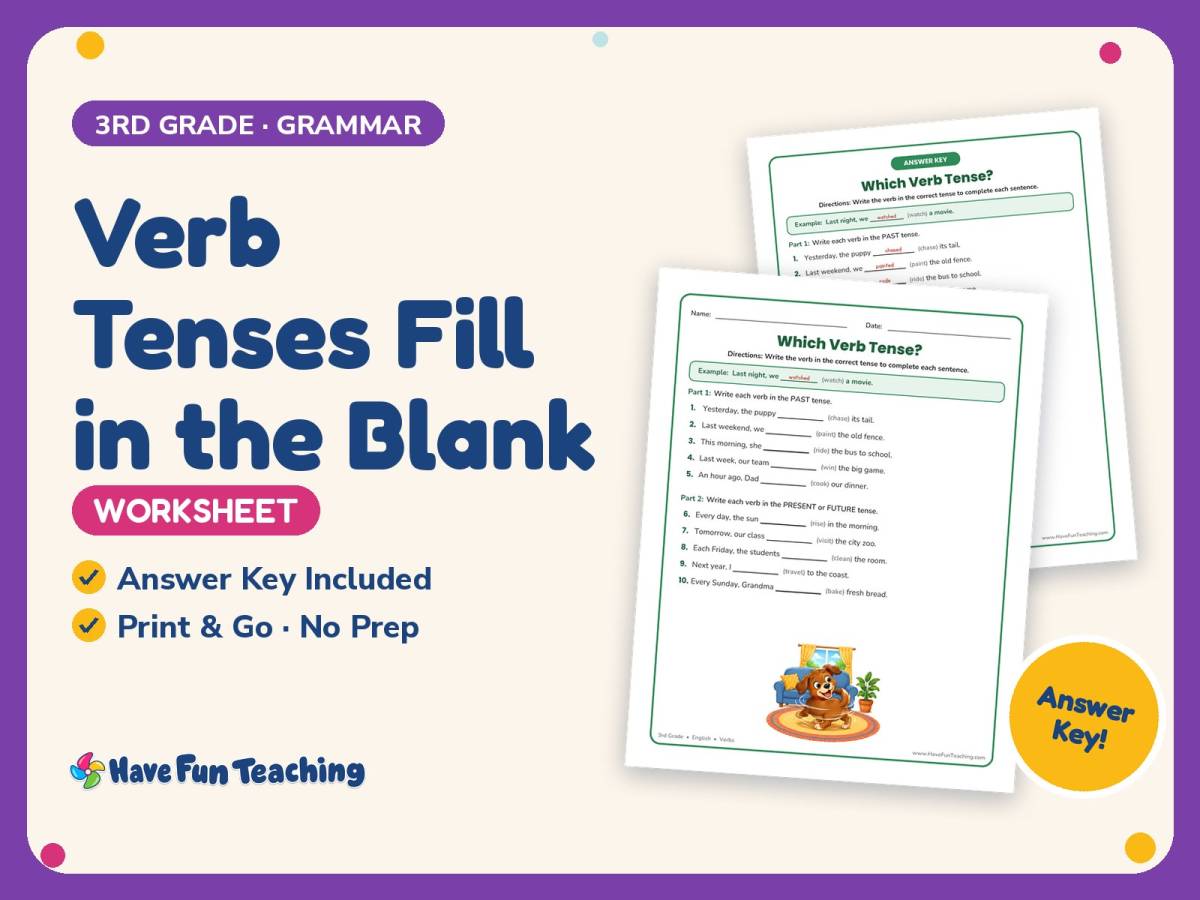 Verb Tenses Fill in the Blank Worksheet – 3rd Grade Verbs Practice preview