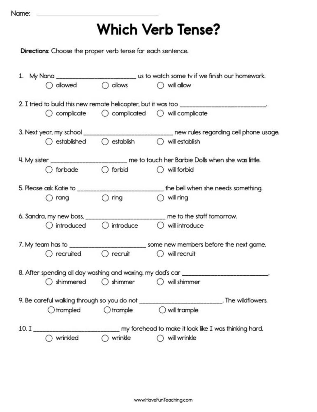 An educational teaching resource from Have Fun Teaching entitled Verb Tenses Fill in the Blank Worksheet downloadable at Teach Simple.