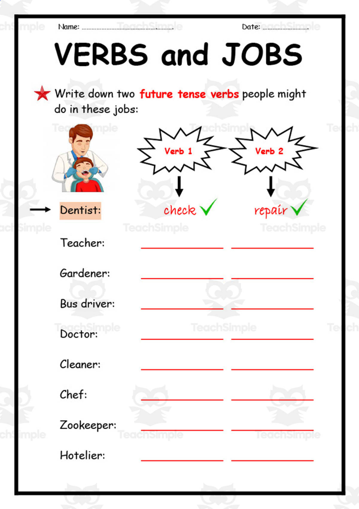 An educational teaching resource from Elementary Resources 4 U entitled Verbs and Jobs Worksheet downloadable at Teach Simple.